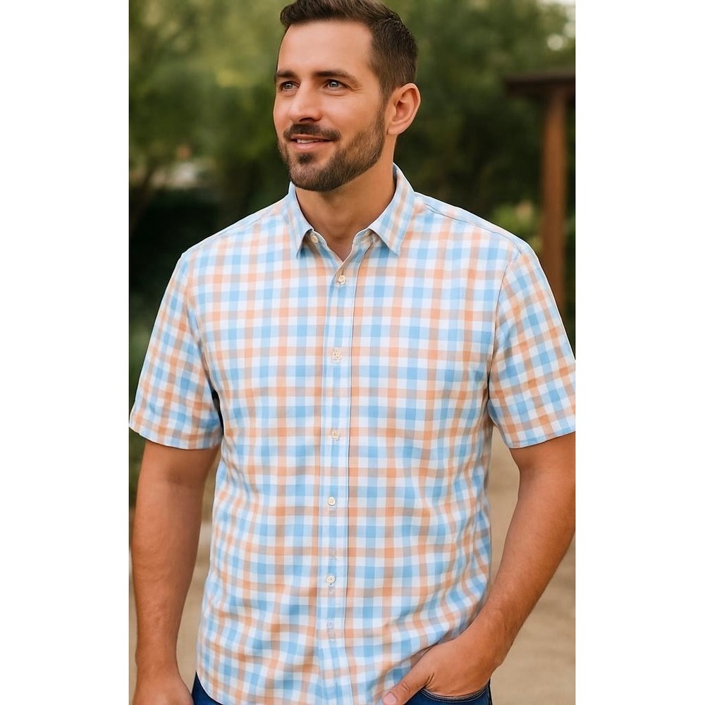 Tailorbyrd Collection Mens XL Short Sleeve Gingham Button Down Shirt Blue Orange - Picture 1 of 10